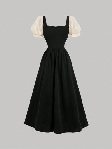 Black And Apricot Palace Lace Vintage Bow Puff Sleeve Long Dress,Concert Dress,Brunch