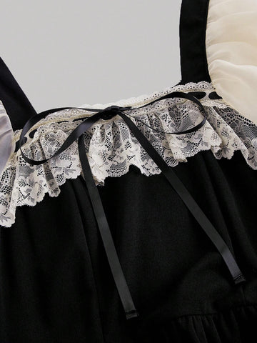 Black And Apricot Palace Lace Vintage Bow Puff Sleeve Long Dress,Concert Dress,Brunch