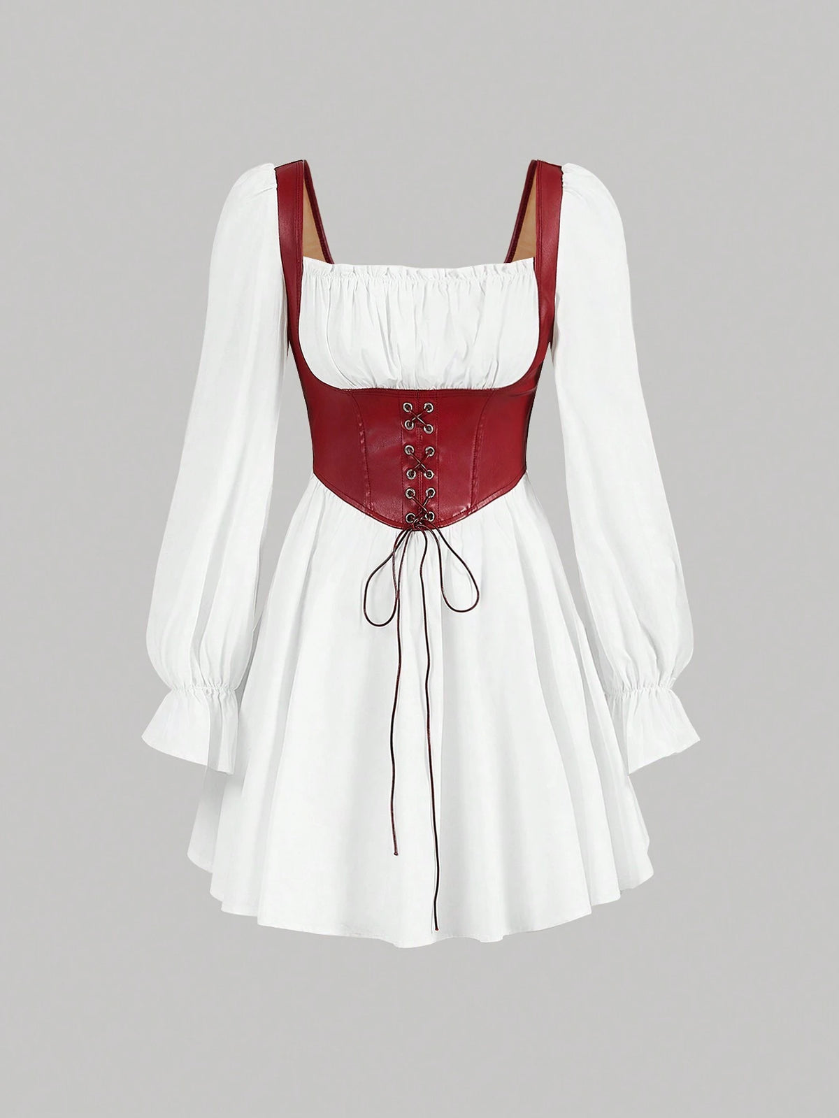 Black And White Colorblock Ruched Bust Lace Up Ruffled Long Sleeved Dress