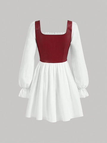 Black And White Colorblock Ruched Bust Lace Up Ruffled Long Sleeved Dress