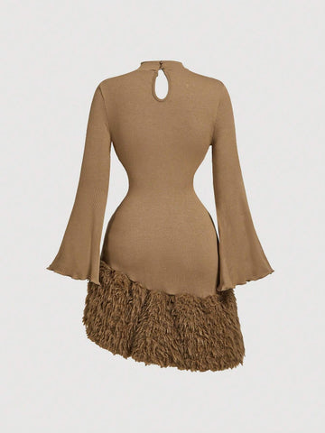 Black Asymmetric Hem Puff Sleeve Fuzzy Panel Long Sleeve Dress For Date & Party,Formal