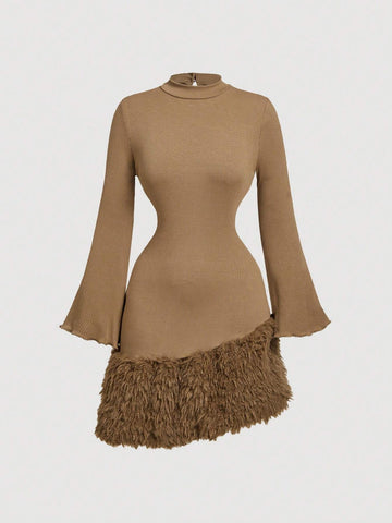 Black Asymmetric Hem Puff Sleeve Fuzzy Panel Long Sleeve Dress For Date & Party,Formal