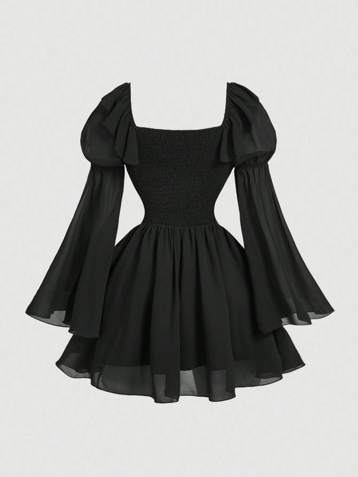 Black Chiffon Patchwork PU Waist Vintage Flare Sleeve A-Line Dress,Semi Formal Dress,Fall Wome