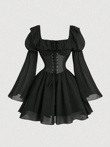 Black Chiffon Patchwork PU Waist Vintage Flare Sleeve A-Line Dress,Semi Formal Dress,Fall Wome