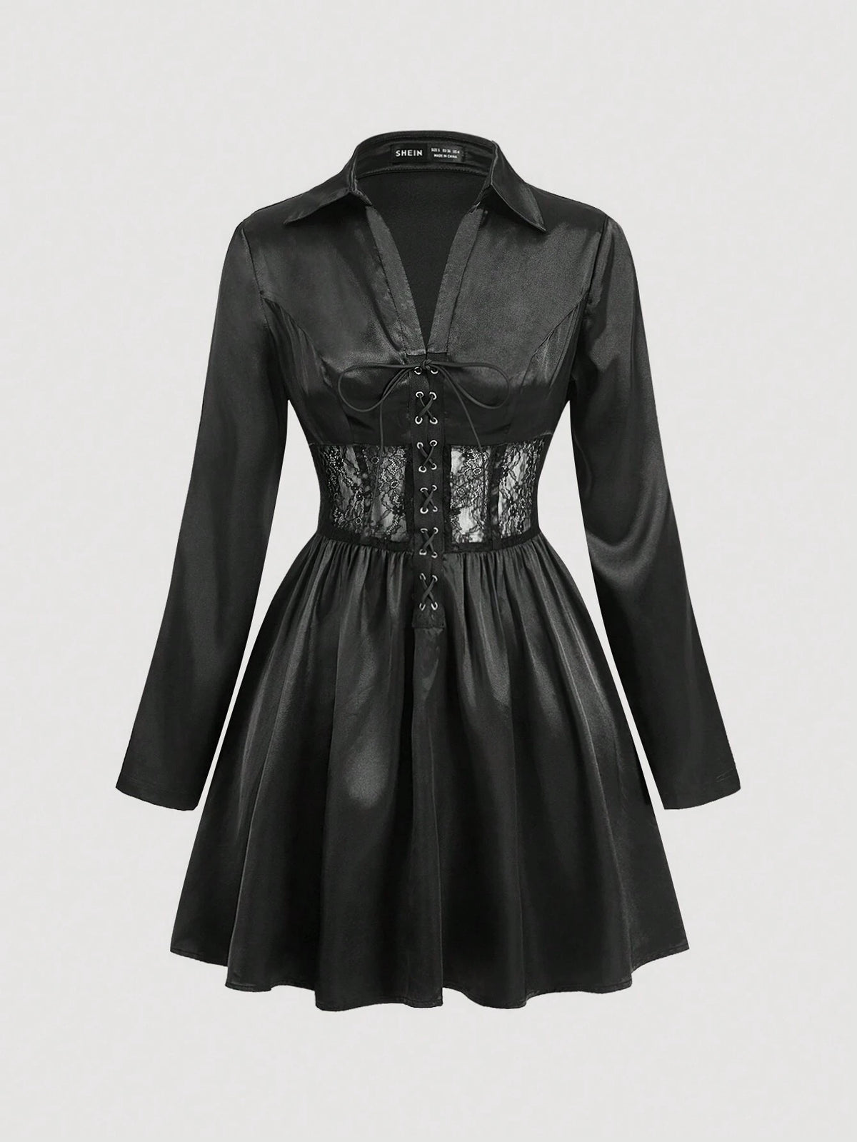 Black Collar Lace Patchwork Elegant Dress For Women