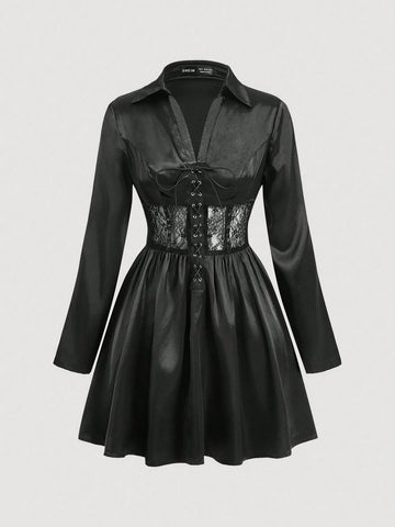 Black Collar Lace Patchwork Elegant Dress For Women