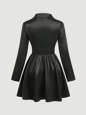 Black Collar Lace Patchwork Elegant Dress For Women