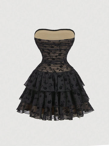 Black Floral Jacquard Hem Midi Dress, Vintage Elegant Party Event Gown