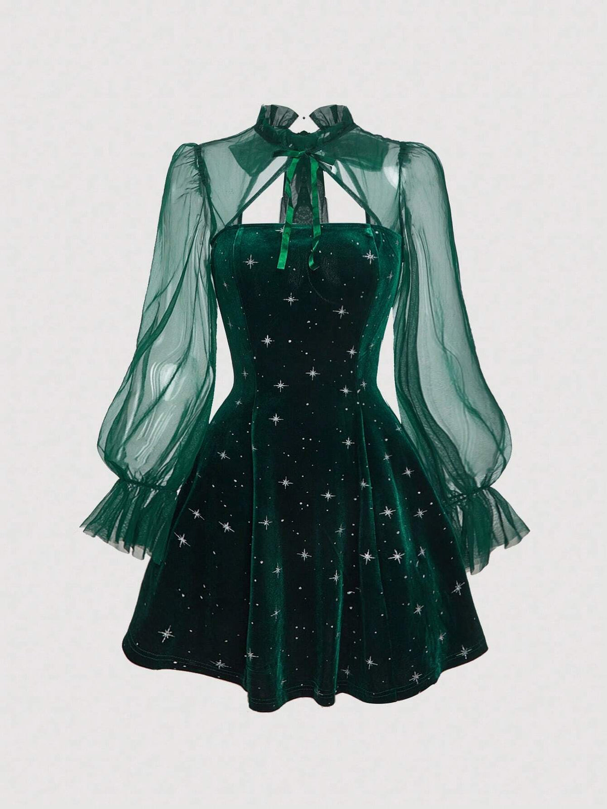 Black Mesh Puff Sleeve Velvet Mini Dress