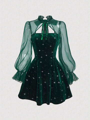 Black Mesh Puff Sleeve Velvet Mini Dress