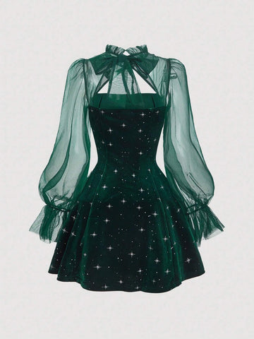 Black Mesh Puff Sleeve Velvet Mini Dress