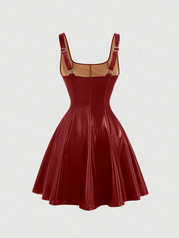 Black PU Front Metal Buckle Women Slip Dress, Back To School, Mini Skirt, , Women Fall Outfits,
