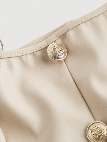 Black PU Front Metal Buckle Women Slip Dress, Back To School, Mini Skirt, , Women Fall Outfits,