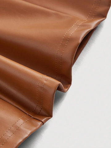 Black PU Front Metal Buckle Women Slip Dress, Back To School, Mini Skirt, , Women Fall Outfits,