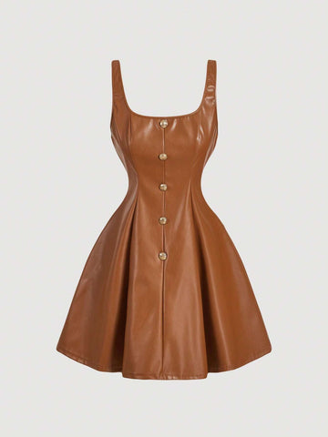 Black PU Front Metal Buckle Women Slip Dress, Back To School, Mini Skirt, , Women Fall Outfits,