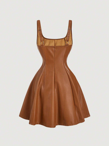 Black PU Front Metal Buckle Women Slip Dress, Back To School, Mini Skirt, , Women Fall Outfits,