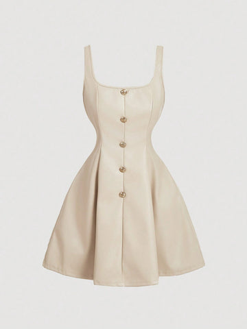 Black PU Front Metal Buckle Women Slip Dress, Back To School, Mini Skirt, , Women Fall Outfits,