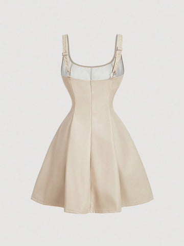 Black PU Front Metal Buckle Women Slip Dress, Back To School, Mini Skirt, , Women Fall Outfits,