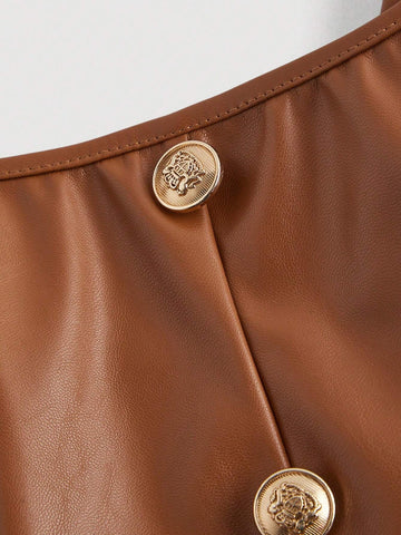 Black PU Front Metal Buckle Women Slip Dress, Back To School, Mini Skirt, , Women Fall Outfits,