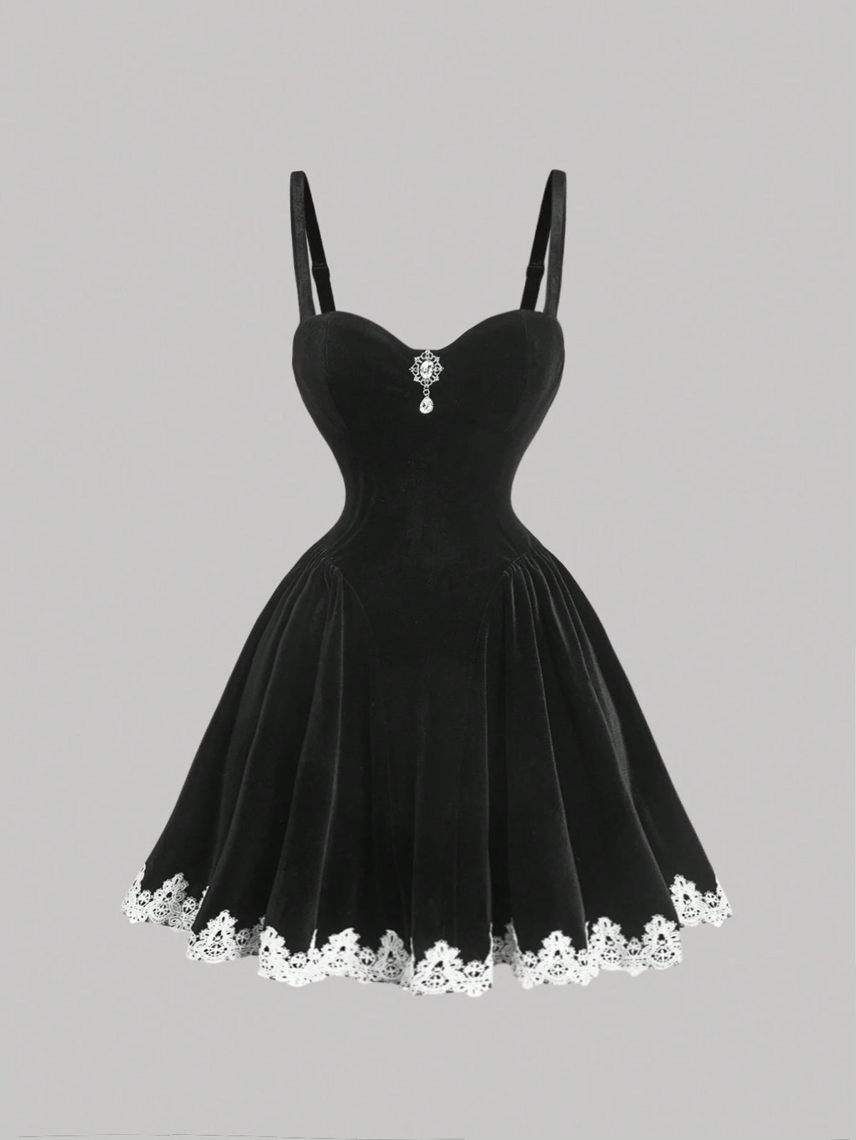 Black Velvet Dress With Silver Diamante Detail & Ornate Lace Trim, Vintage, Formal, Date, Party,
