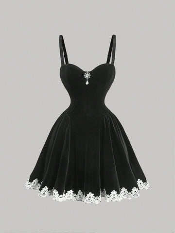 Black Velvet Dress With Silver Diamante Detail & Ornate Lace Trim, Vintage, Formal, Date, Party,