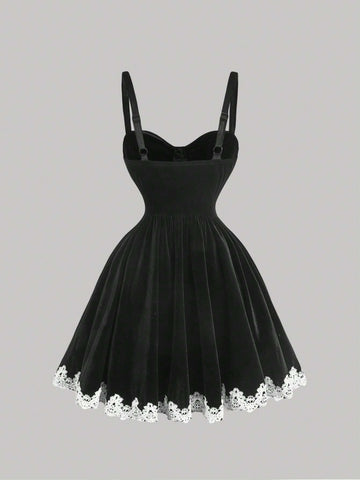 Black Velvet Dress With Silver Diamante Detail & Ornate Lace Trim, Vintage, Formal, Date, Party,