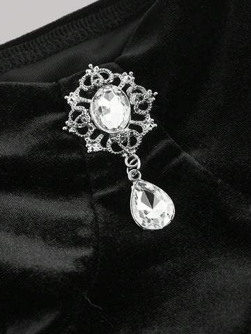 Black Velvet Dress With Silver Diamante Detail & Ornate Lace Trim, Vintage, Formal, Date, Party,