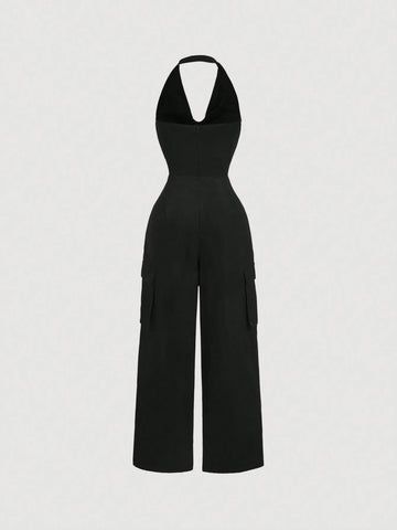 Black Vintage Jumpsuit With Collared Neck & Utility Pockets,Halloween Customs Women,Devil Costume,Cat Woman Costume,Homecoming Clothes,Concert Outfits,Christmas Women Clothes