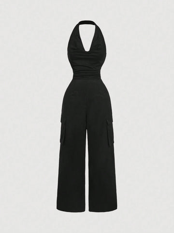 Black Vintage Jumpsuit With Collared Neck & Utility Pockets,Halloween Customs Women,Devil Costume,Cat Woman Costume,Homecoming Clothes,Concert Outfits,Christmas Women Clothes