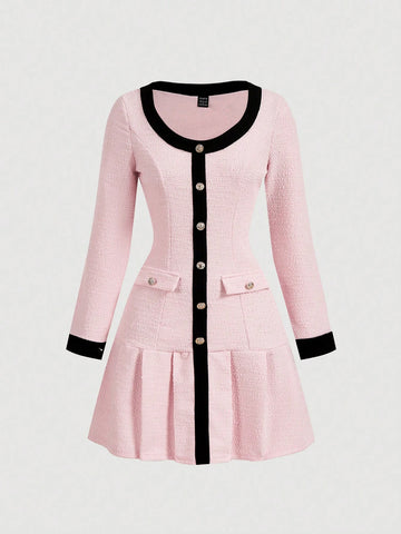 Black & White Contrast Pleat Detail Fitted Long Sleeve Knit Dress