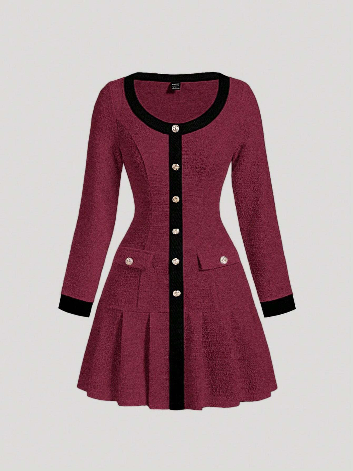 Black & White Contrast Pleated Bodycon Long Sleeve Dress, Knitted Texture