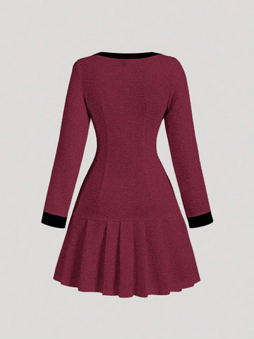 Black & White Contrast Pleated Bodycon Long Sleeve Dress, Knitted Texture