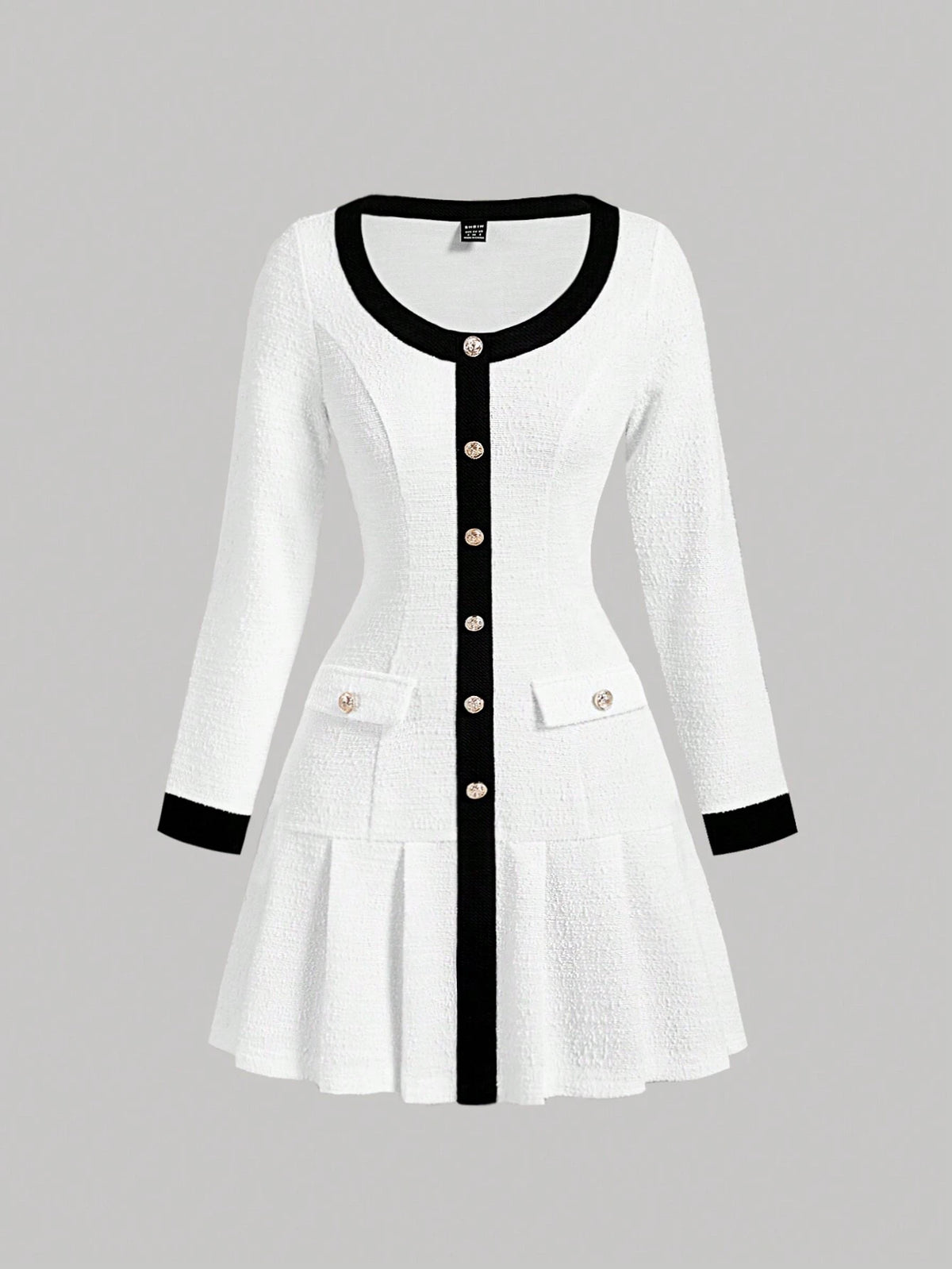 Black & White Contrast Pleated Fitted Long Sleeve Dress,Fall/Winter Women Dress,Formal