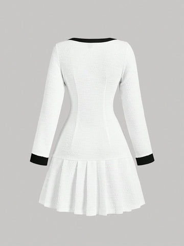 Black & White Contrast Pleated Fitted Long Sleeve Dress,Fall/Winter Women Dress,Formal