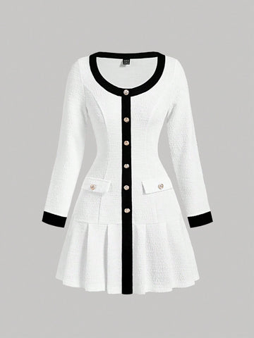 Black & White Contrast Pleated Fitted Long Sleeve Dress,Fall/Winter Women Dress,Formal