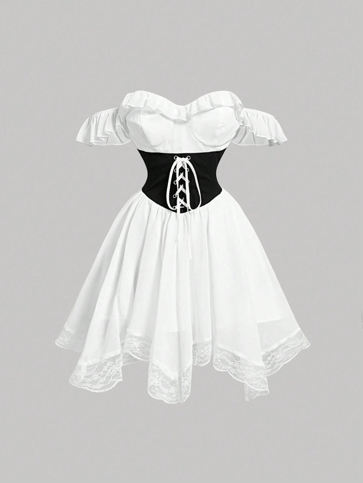 Black & White Patchwork Ribbon Off-Shoulder Women's Dress,Wedding Dress,Vinntage Style