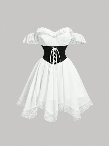 Black & White Patchwork Ribbon Off-Shoulder Women's Dress,Wedding Dress,Vinntage Style