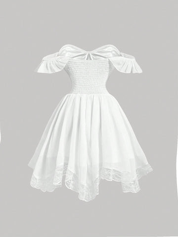 Black & White Patchwork Ribbon Off-Shoulder Women's Dress,Wedding Dress,Vinntage Style