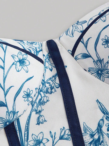 Blue And White Floral Bustier,Short Women's Dress, Summer Vacation,Chest Pad,Bridgerton,Party,Bra Free