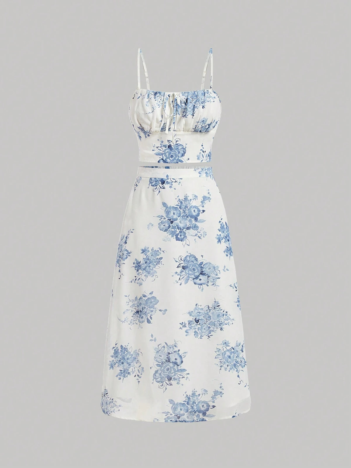 Blue And White Flower Print Chiffon Halter Crop Top With Ruffled Hem And Mid-Length Skirt Set For Spring/Summer