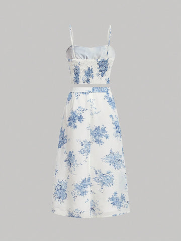 Blue And White Flower Print Chiffon Halter Crop Top With Ruffled Hem And Mid-Length Skirt Set For Spring/Summer