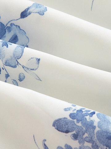 Blue And White Flower Print Chiffon Halter Crop Top With Ruffled Hem And Mid-Length Skirt Set For Spring/Summer