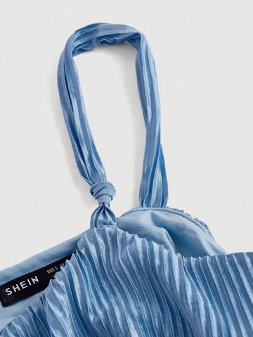 Blue Pleated Bowknot Retro Camisole Top And Skirt Set With Mermaid Hem