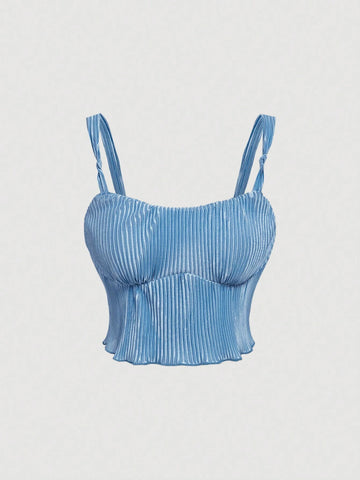 Blue Pleated Bowknot Retro Camisole Top And Skirt Set With Mermaid Hem