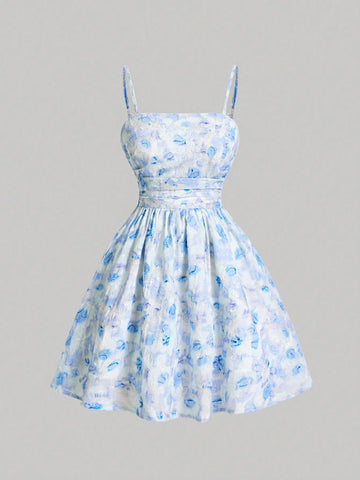 Blue Tie-Dye Embroidery Fabric Ruffle Chest Romantic Summer Women Cami Dress