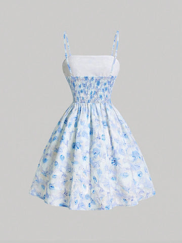Blue Tie-Dye Embroidery Fabric Ruffle Chest Romantic Summer Women Cami Dress