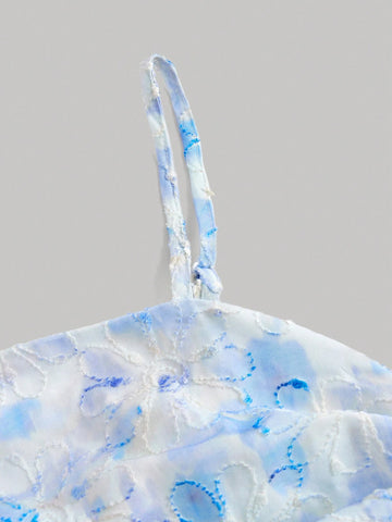 Blue Tie-Dye Embroidery Fabric Ruffle Chest Romantic Summer Women Cami Dress