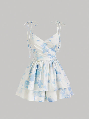 Blue Vintage Printed Strap Jumpsuit For Women