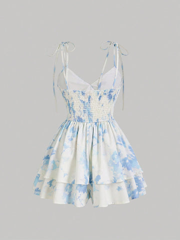 Blue Vintage Printed Strap Jumpsuit For Women