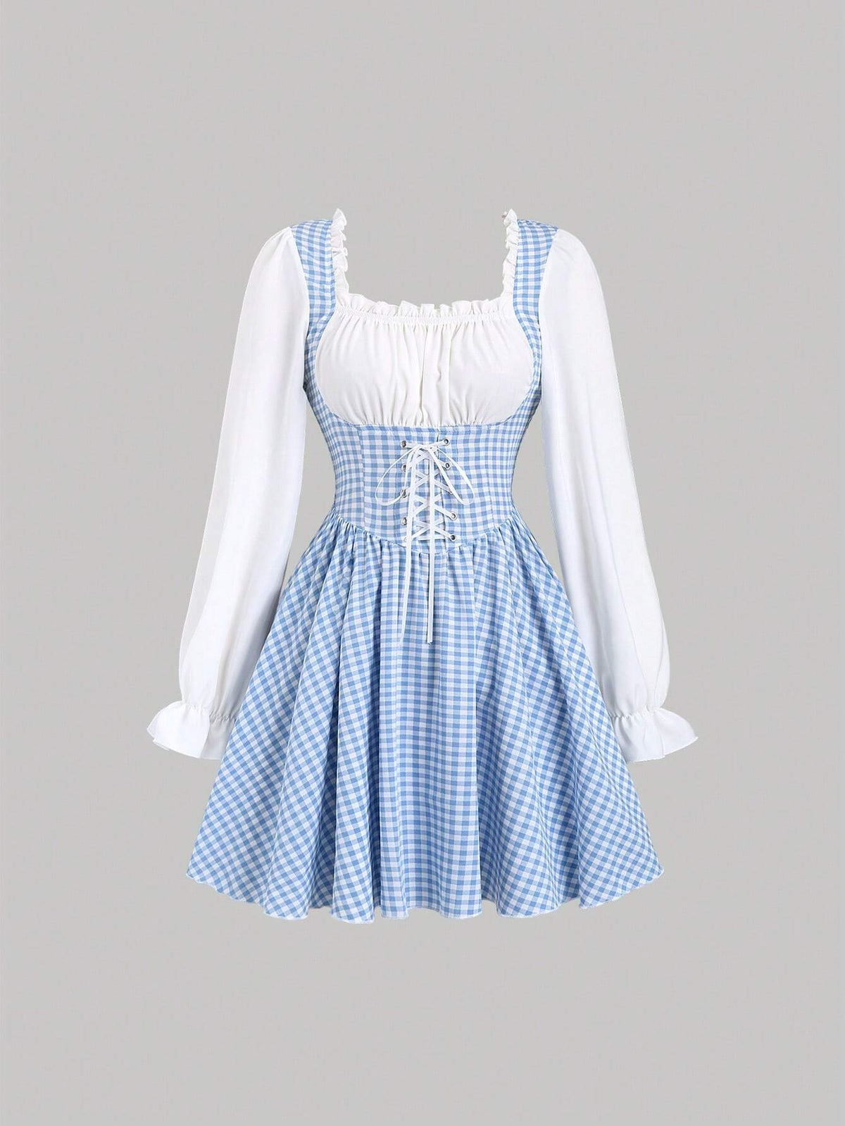 Blue & White Plaid Print Long Sleeve Belted Mini Dress